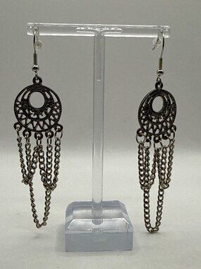 Vintage Boho Silver Tassel Dangle Earrings Oxidized Tribal Gypsy Chandelier